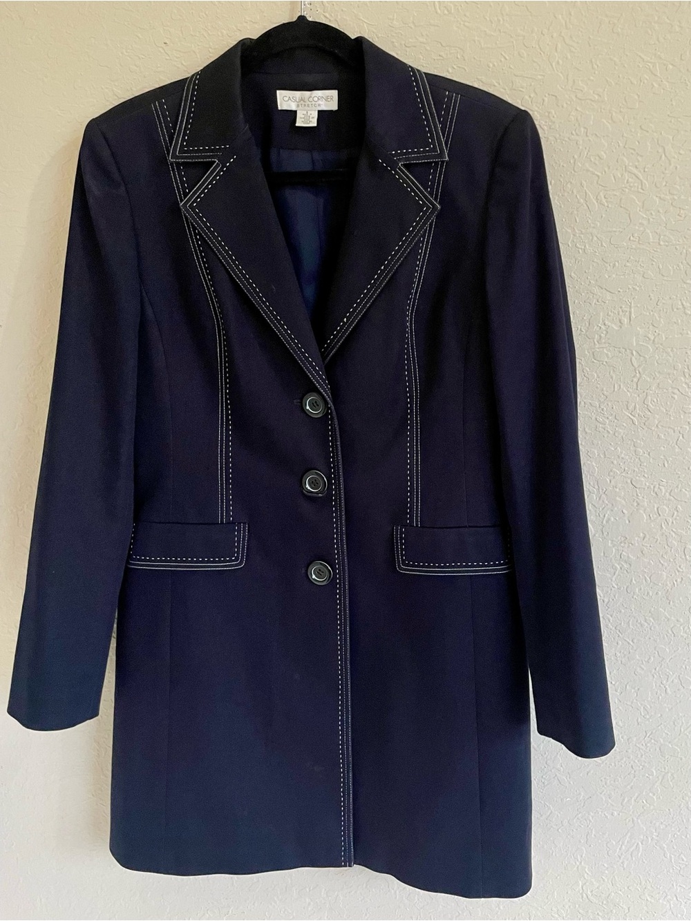 Vintage 90s Casual Corner Longline Contrast Black and White Stitch Blazer Jacket